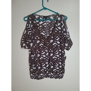 AGB Womens Size XL Brown & White Geometric Blouse Embellished V-Neckline (E)